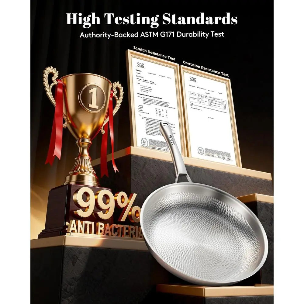 12 Inch Titanium Hammered Pro Frying Pan with Lid, Non-Stick, Non-Toxic, PFOA/PTFE Free, Dishwasher and Oven Safe, Induction Com