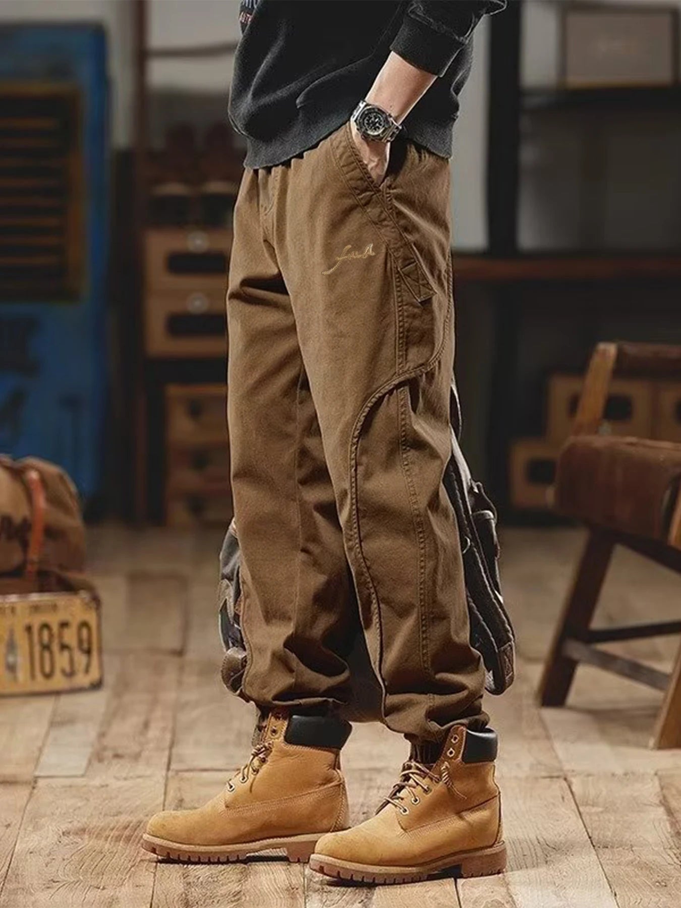 Fat brother plus size retro men's multi-pocket overalls thin straight casual pants men's fashion brand