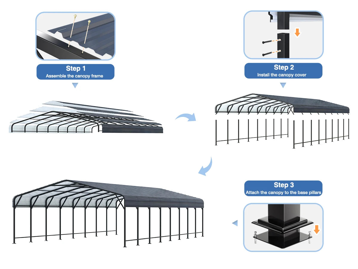 VIWAT 10 x 15~20 x 40 FT Multi-Size Metal Carport w/ Enhanced Base Outdoor Heavy Duty Garage Galvanized Car Shelter for Garden Patio