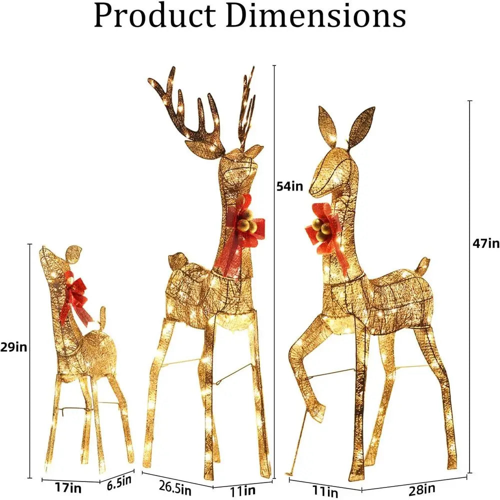 Illuminated 3 D Reindeer Family Christmas Decoration Set with 210 LED's, Outdoor Lawn Display with Stakes and Bows
