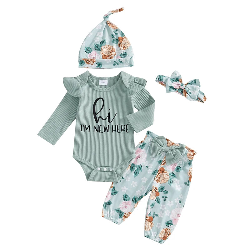 Baby Girls 4 Piece Outfit Letter Print Long Sleeves Romper and Floral Print Pants Headband Hat Set Cute Clothes