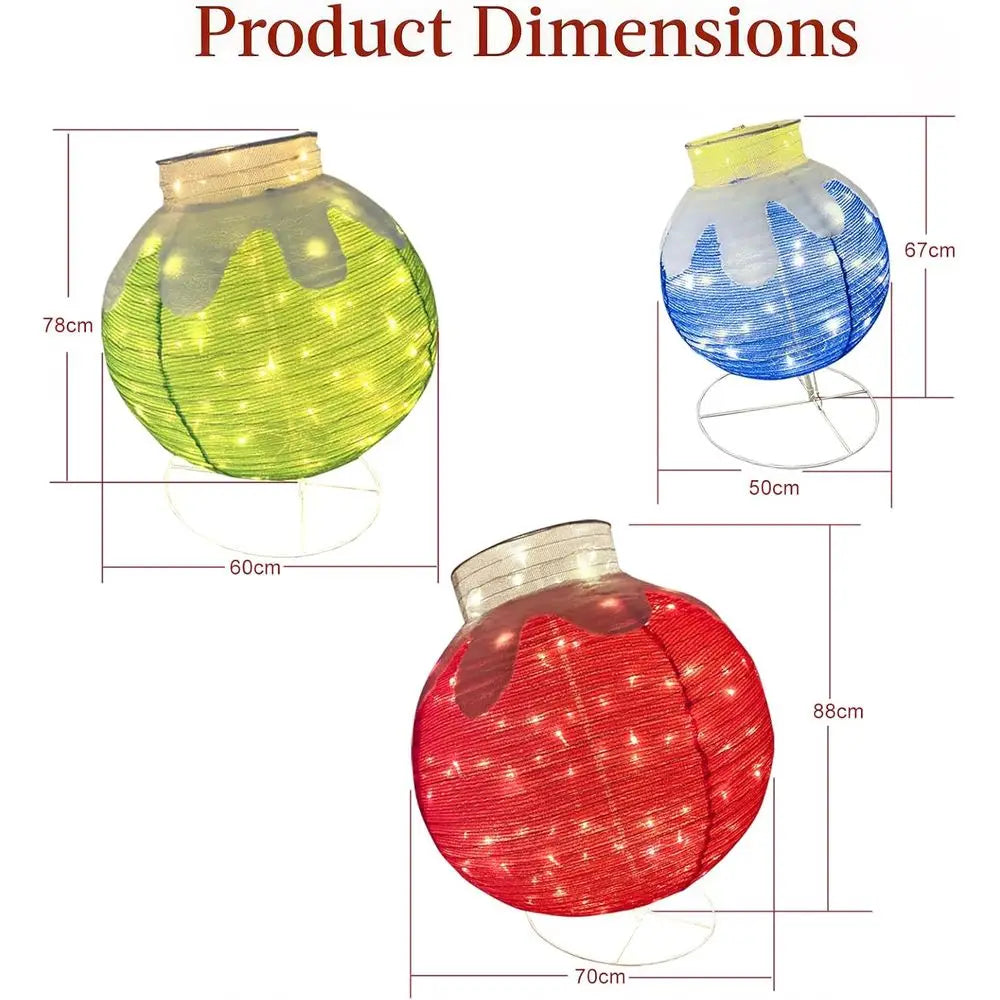 Set of 3 Large Illuminated Flocked Christmas Balls, Outdoor Waterproof LED Hanging Decorations with Base Stakes, Easy Plug-and-P