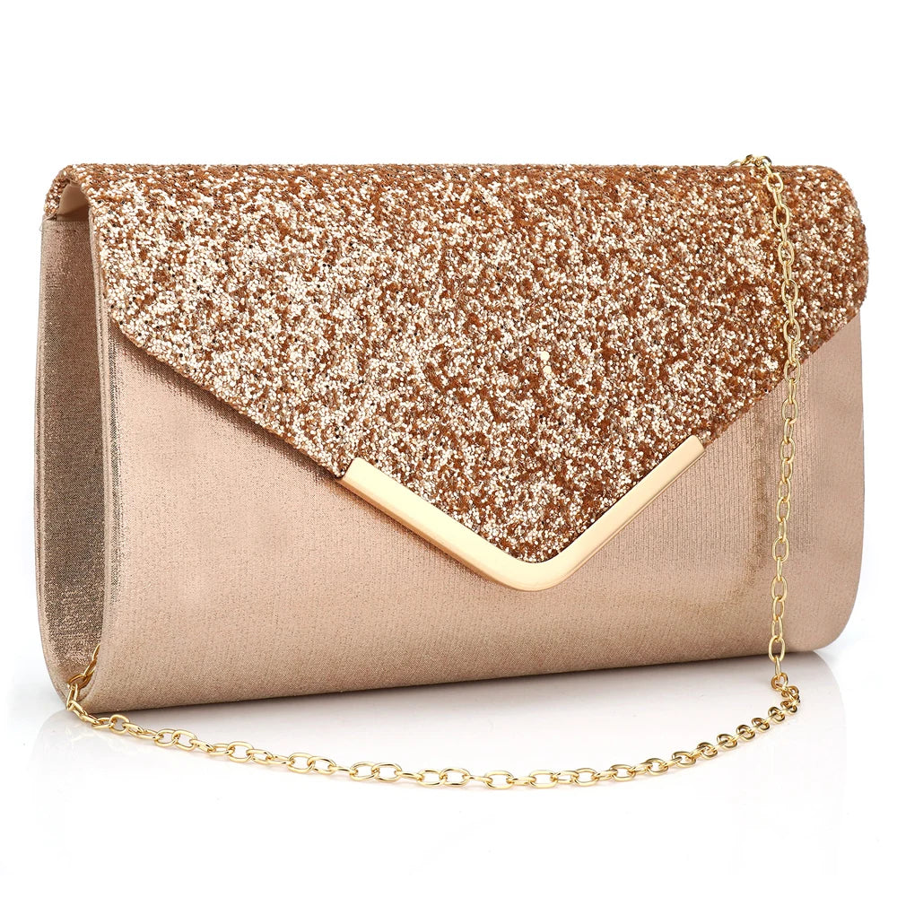 Gold Clutch Bags V Design Metal Chain Glitter Sequined Evening Bags With Envelope Party Wedding Casual Lady Handbags Banquet