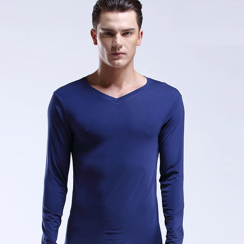 Mens Thermal Undershirt Long-sleeve Men Thermal Shirt V-neck Thin Underwear Top Autumn Winter Underwear