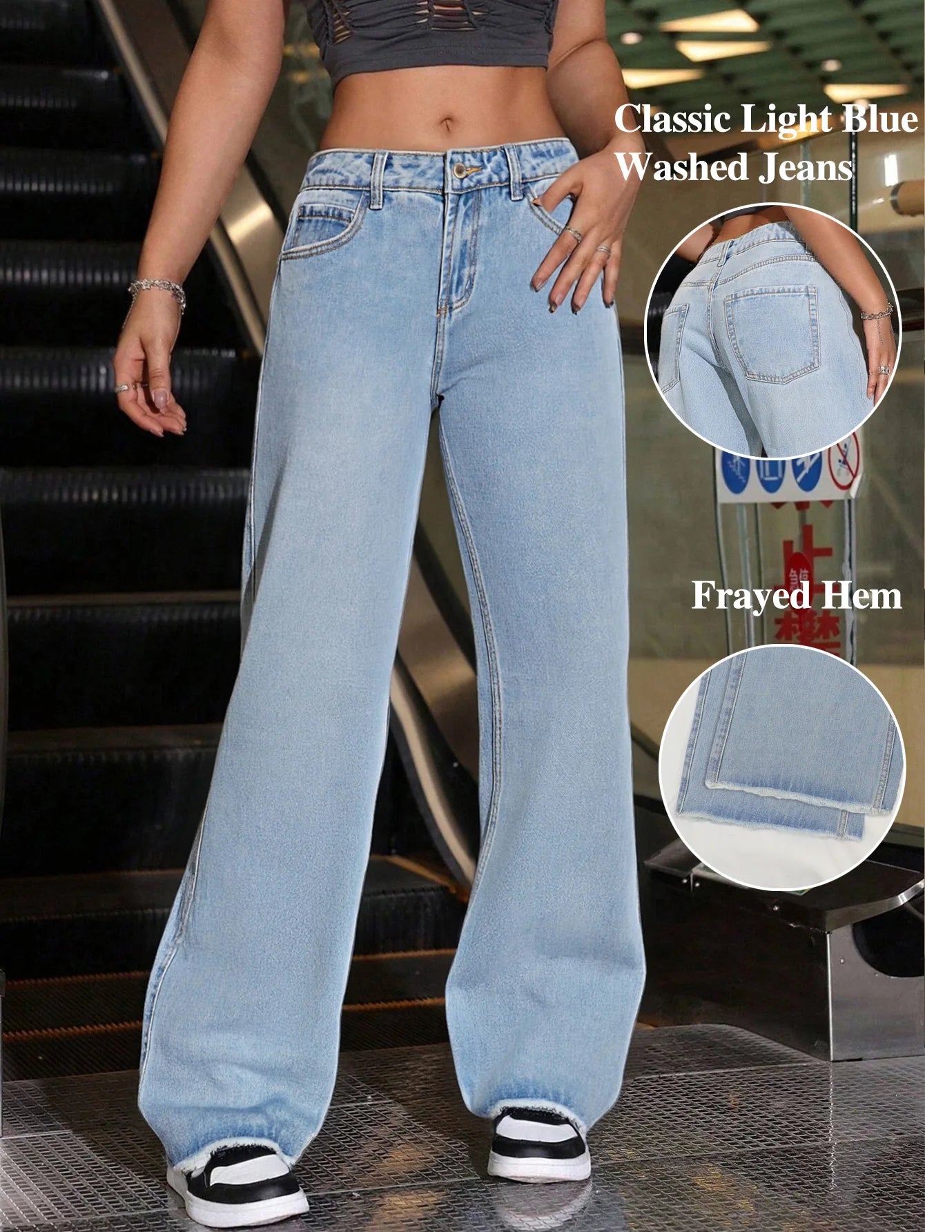 Blue Washed and Distressed Women's Jeans, with Comfortable and Soft Denim Fabric, Loose and Casual Fit, and Fringed Hem