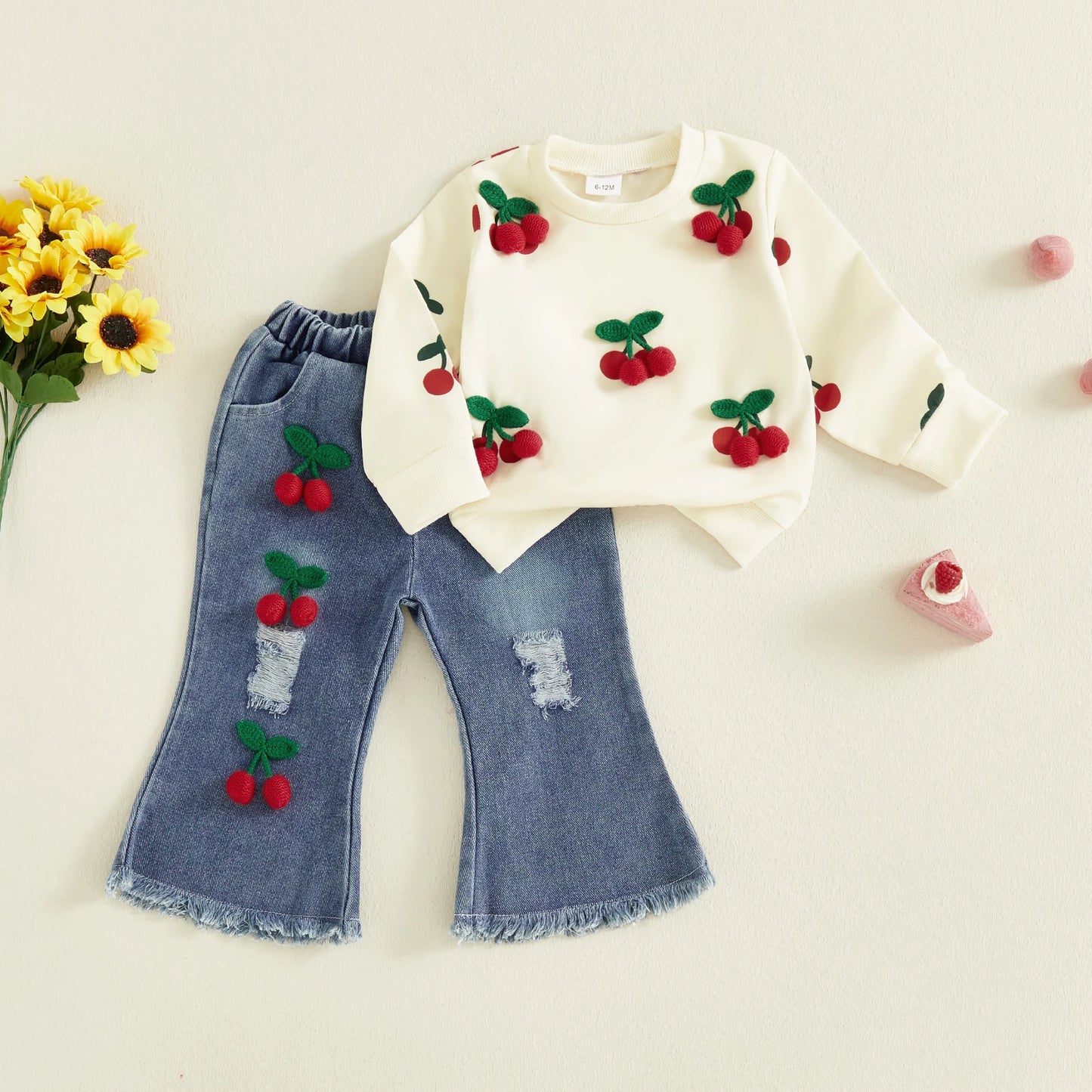Cute Toddler Girl Autumn Ensemble Cherry Embellished Long Sleeve Pullover Distressed Denim Flare Pants Set with Elastic