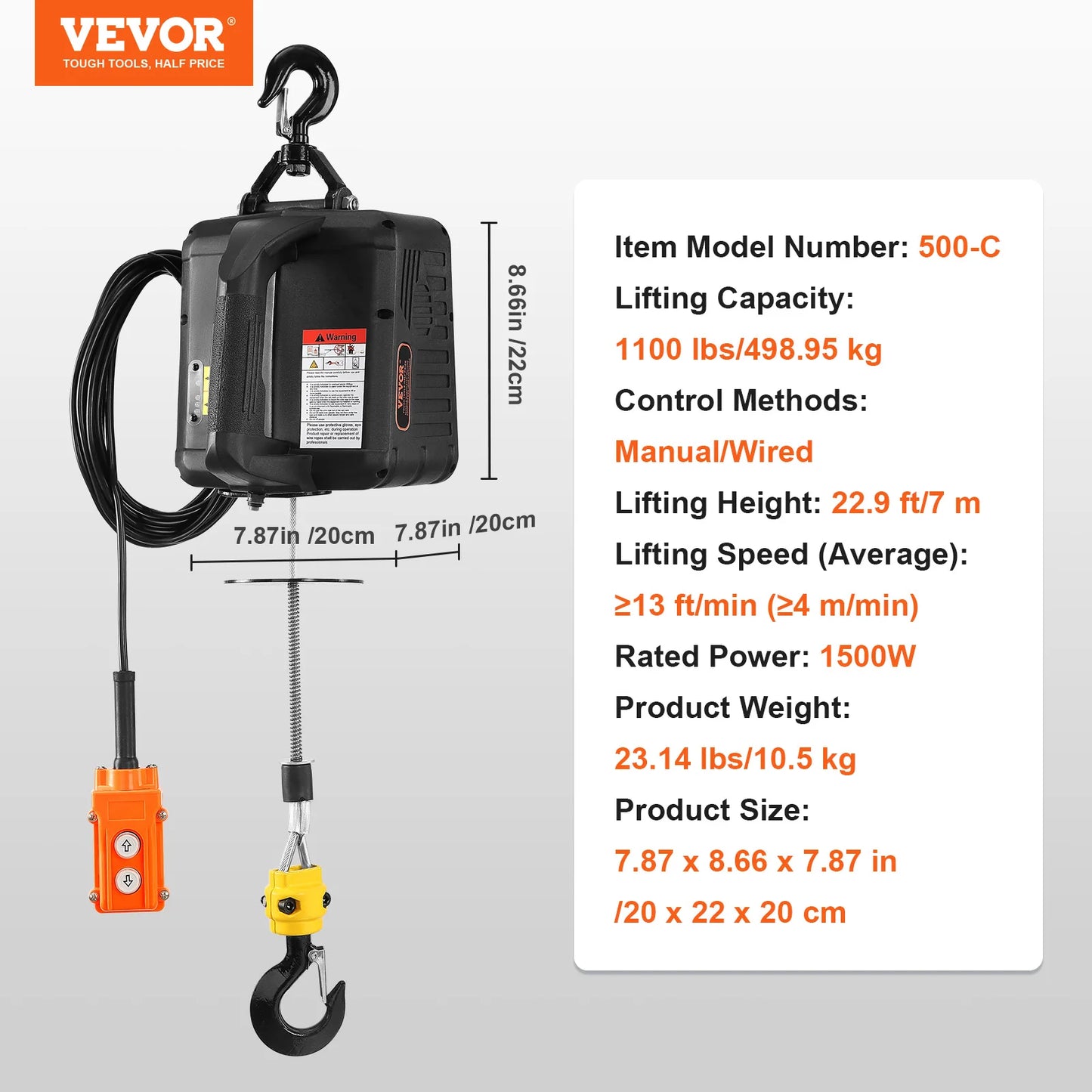 1100 lbs 1500 W Electric Hoist Winch Portable Power Winch Crane with Wireless Remote Control for Overload Protection