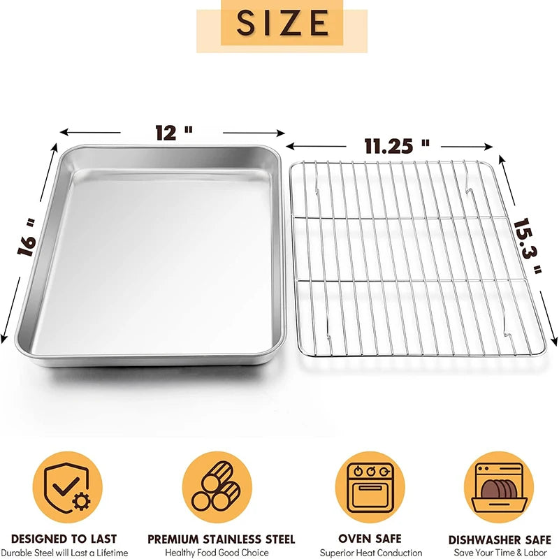 Stainless Steel Baking Sheet with Cooling Rack Set 12×16 Inch Oven/Dishwasher Safe for Baking Cooling Draining