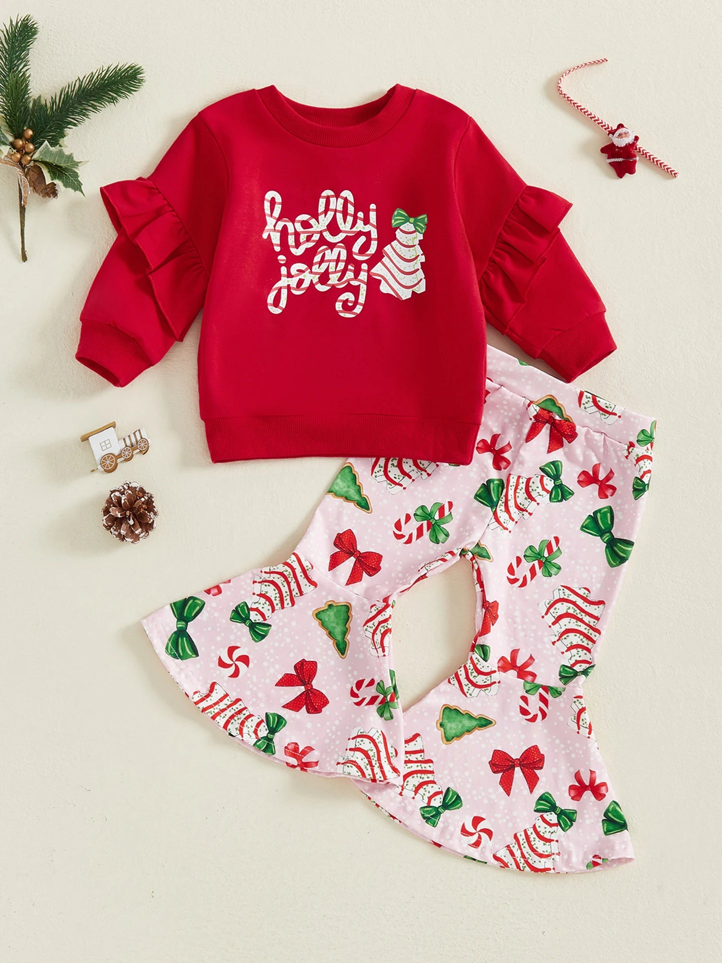 Cute Baby Girl Winter Clothes Set Long Sleeve Round Neck Sweater Elastic Waist Bow Print Flare Pants Outfit for Christmas