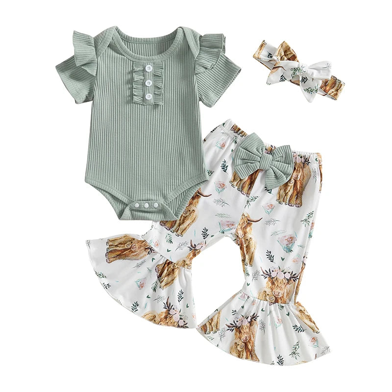 Toddler Girls 3 Piece Outfit Set Ruffle Sleeve Bodysuit Floral Bell Bottom Pants Headband Set for Baby Girl