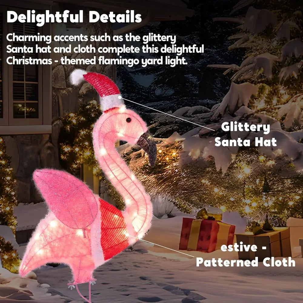 Glowing Outdoor Christmas Flamingo Decorations, 30 LED Warm White Lights for Holiday Yard, Lawn Ornaments with Metal Stakes