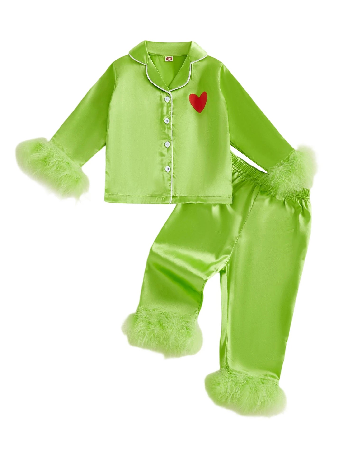 Children s Christmas Satin Pajama Set with Heart Print Long Sleeve Lapel Button Down Top Pants with Feather Cuffs and