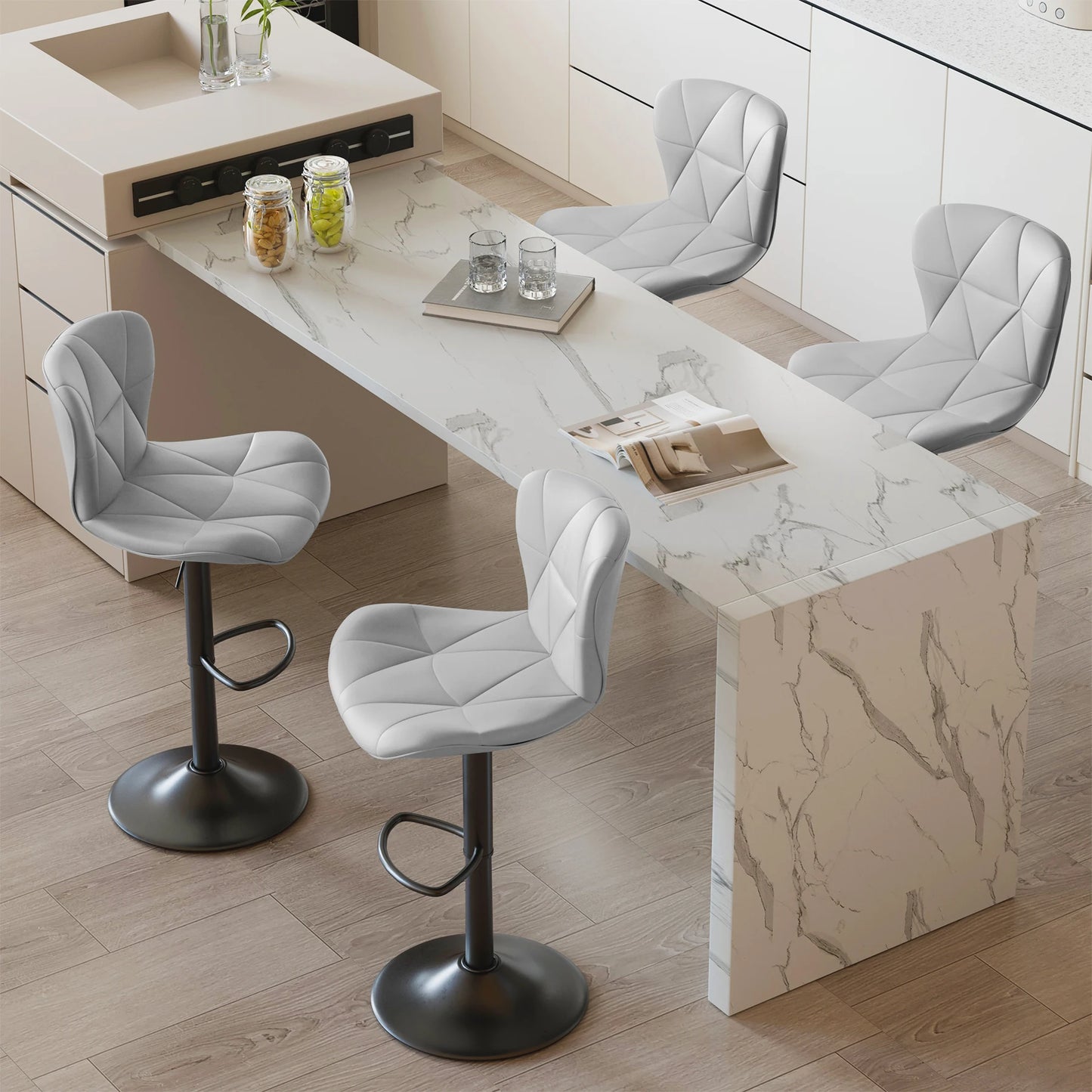 4 Piece Modern Bar Chair Set, Comfortable PU Leather, 360° Swivel Adjustable Height, Upholstered Kitchen Side Chair With Metal Legs