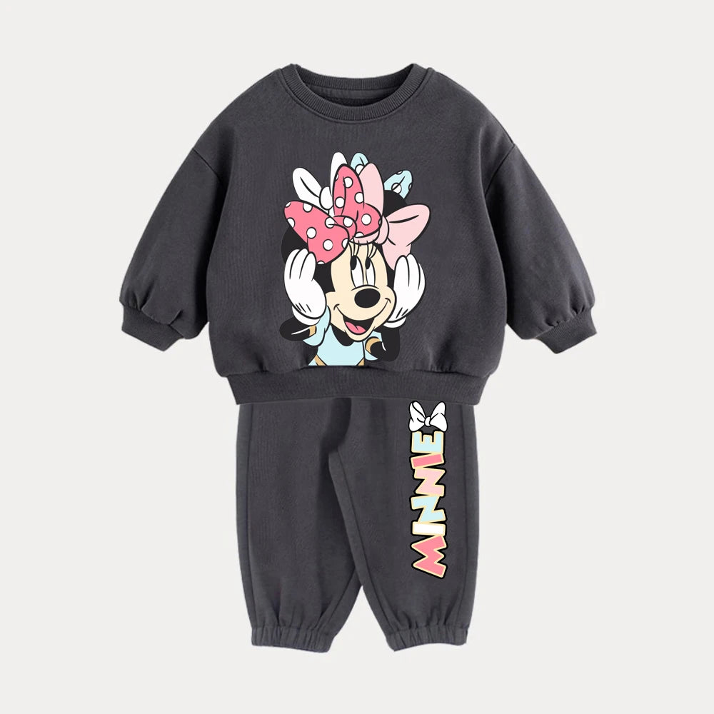 Warm Fleece Lined Baby Suit Cartoon Printed O-neck Sweatshirt + Pant 2Pcs Kids Boy / Girl Clothes