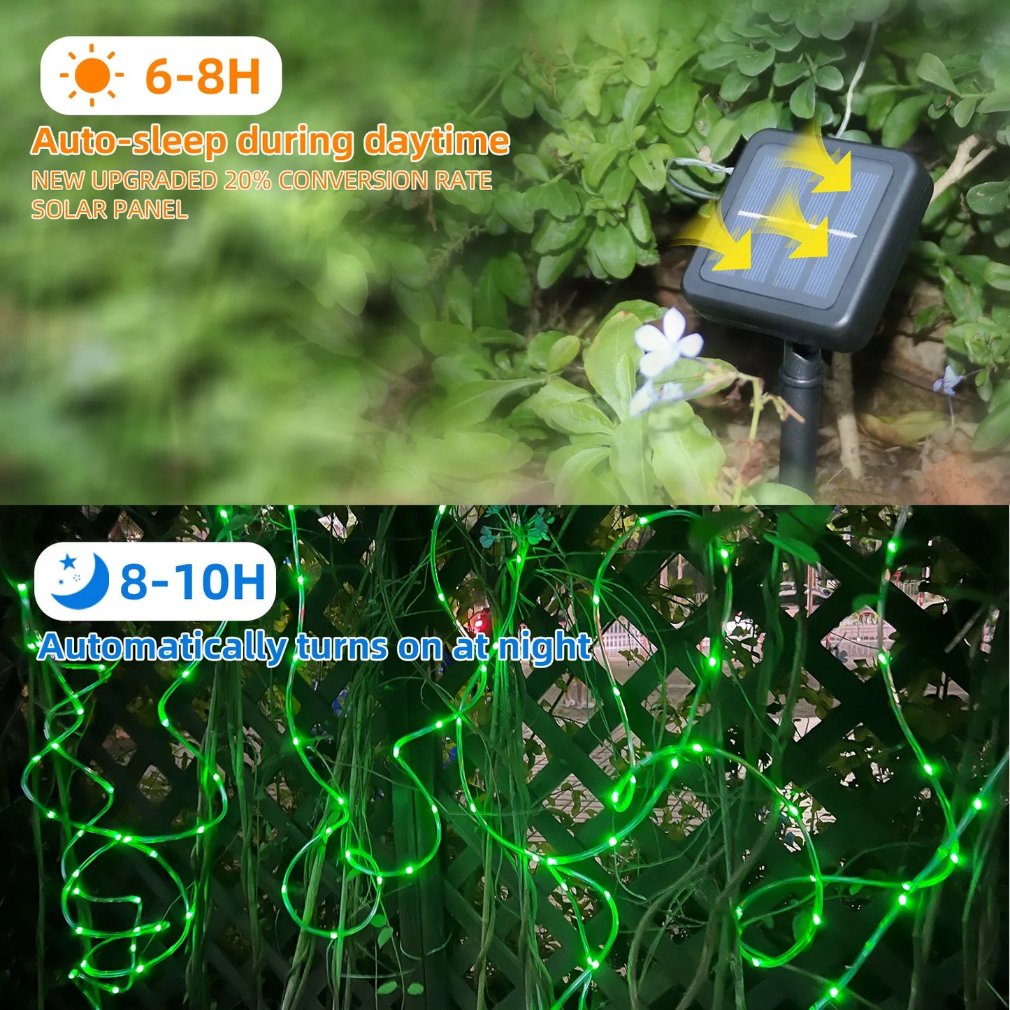 Green Solar Rope String 72ft Rechargeable 200led , 8 Lighting Modes, Suitable For Gardens, Weddings, Christmas Parties, And Diy