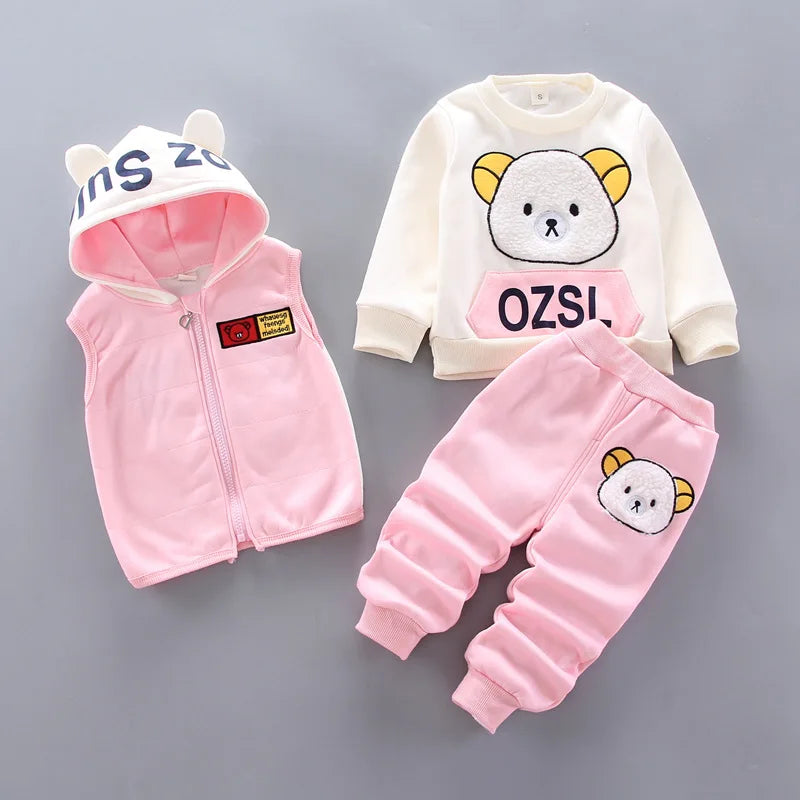 Autumn Winter Baby Girls Cute Bear Clothes Boys Thick Hooded Vest With Long Sleeve Top And Pants 3PCS Sets Kids Warm Tracksuits