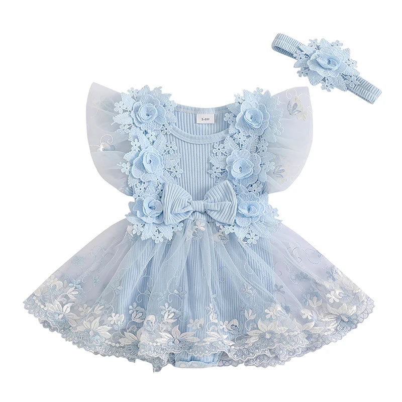 Infant Girls Floral Embroidered Romper with Mesh Skirt and Matching Headband Set for Baby Bodysuits and Jumpsuits