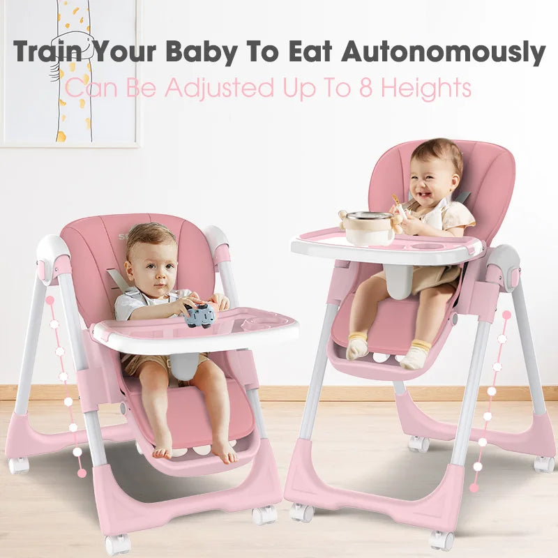 Sejoy Foldable High Chair for Baby Dining Table with Adjustable Backrest,Footrest,Tray,and Seat Height with wheel 6-36 Months