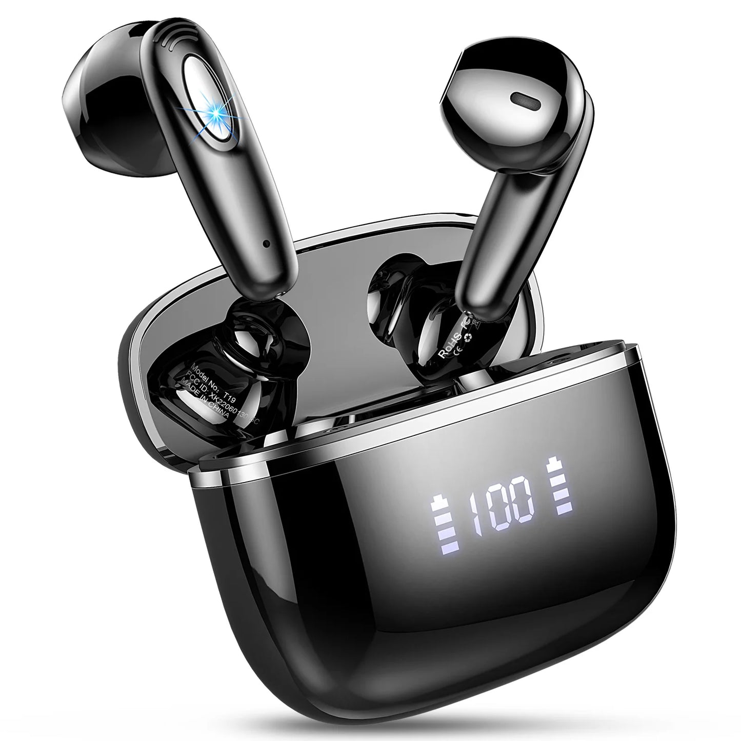 T19 Wireless Earbuds, Bluetooth 5.3, 4 ENC Noise Canceling Mic, 40H LED Display Charging Case, IP7 Waterproof in-Ear Earbuds.