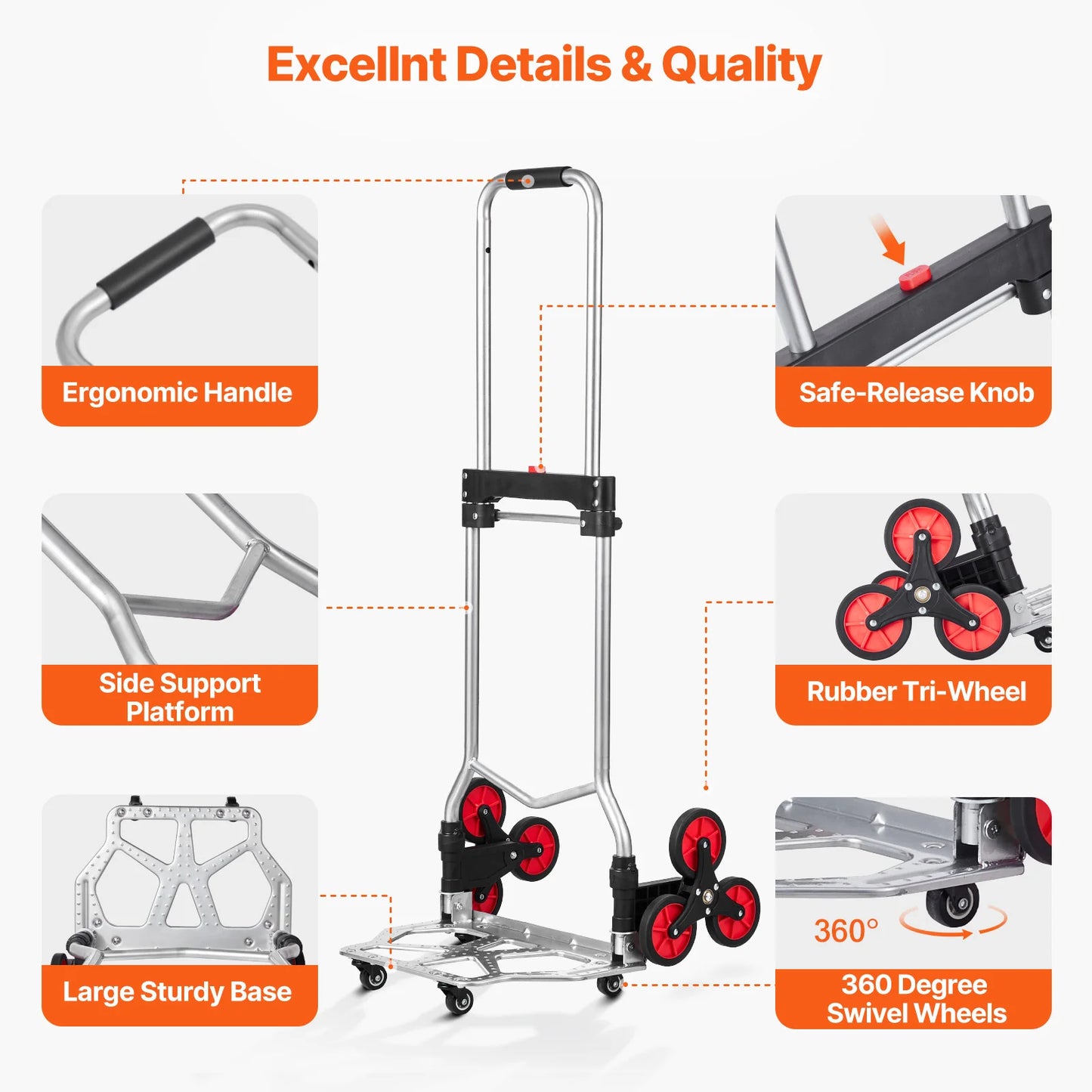 260 lbs Folding Hand Truck with Telescoping Handle & 2 Elastic Ropes Stair Climbing Cart Dolly for Warehouse Moving