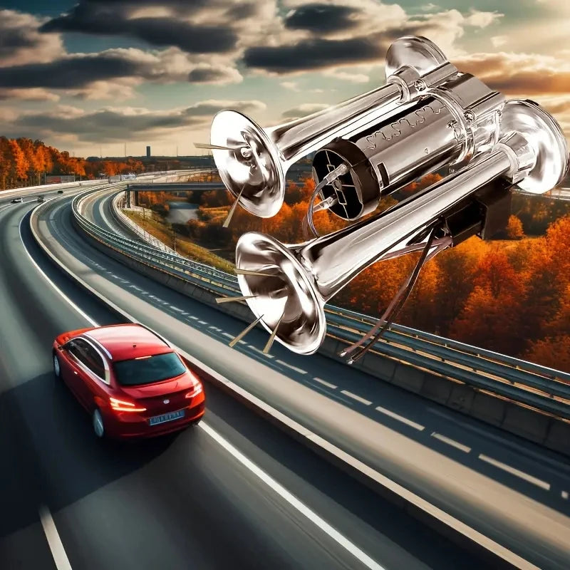 12 V Horns, Chrome Zinc Single Trumpet Truck Air Horn with Compressor for Any 12 V Vehicles Trucks Lorrys Trains Boats Cars