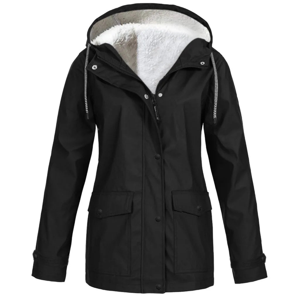 Women's Autumn Winter Plus Velvet Jacket Windproof Waterproof Hooded Coat Outdoor Sports Cloths For Climbing Cycling Fishing