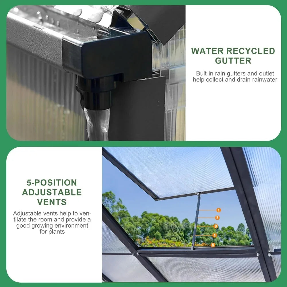 Greenhouses for Outdoors 6 x 12 FT, Polycarbonate Green House Outside Heavy Duty Aluminum Greenhouses kit with Rain Gutter, Vent
