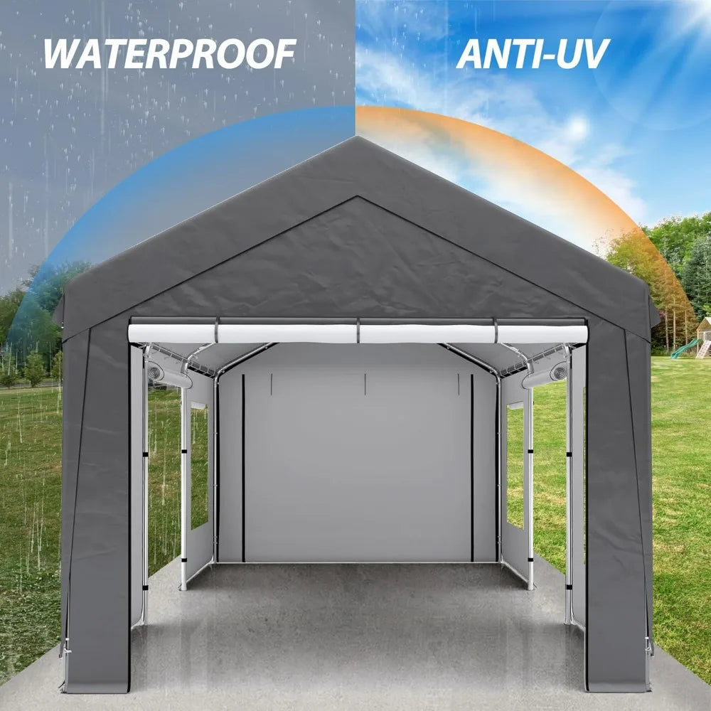Upgraded 10 x 20 Ft Heavy Duty Carport, Portable Garage Shelter with with Roll-up Sidewall and Ventilated Windows, Sand Bags for hold down weight.