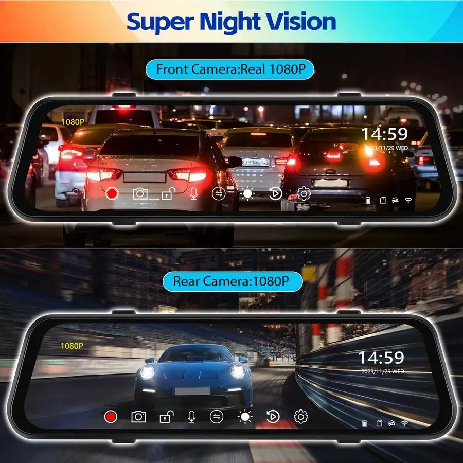 Mirror Dash Cam 9.66 Inch 3 Channel Front Rear Inside View Mirror Camera Triple Mirror Dash Cam Night Vision, G Sensor, Parking Asst