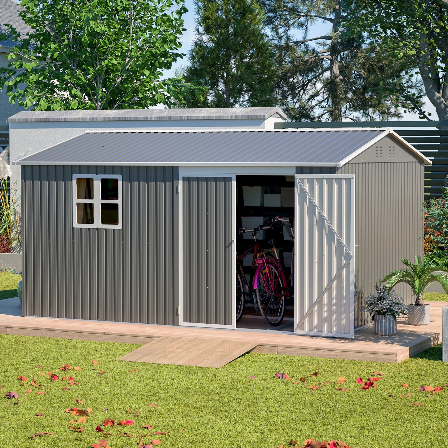 12x10FT Grey Metal Outdoor Storage Shed, Lockable Waterproof Steel Garden Tool & Equipment Building for Backyard