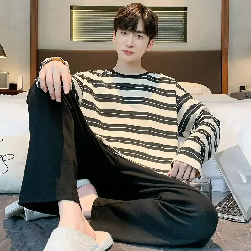 Men's Sleepwear Spring and Autumn Long Sleeve Student Cartoon Loose Edition Youth Plus Size Summer Thin Home Furnishing Set