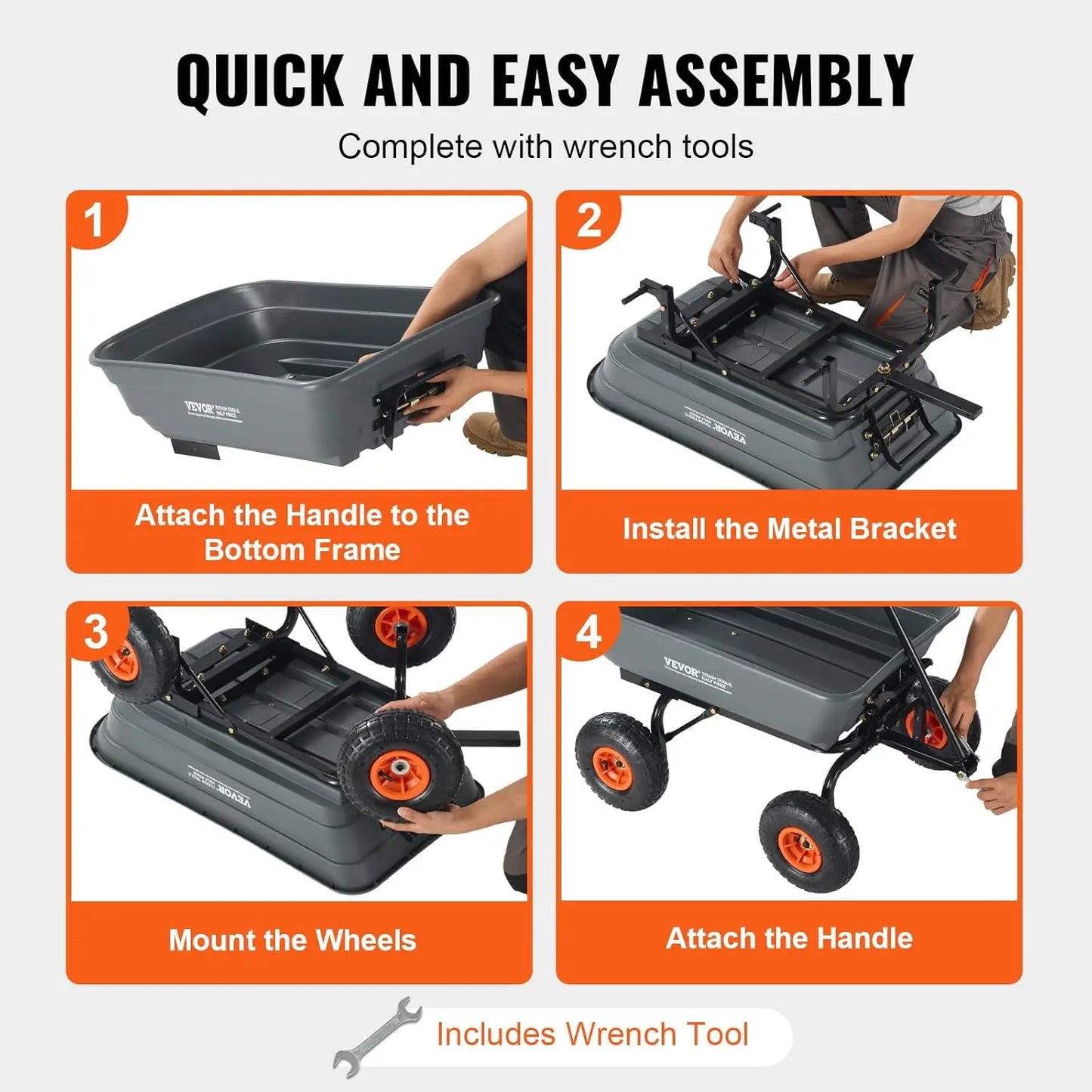 4 Cu.Ft. 600 lbs Poly Garden Cart Dump Wagon, Heavy Duty Yard Dump Cart Wagon, 4 Wheel Wheelbarrow with 10 in All Terrain Wheels