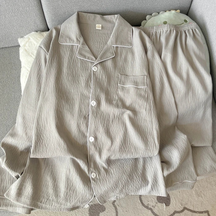 Autumn New Solid Simple Men's Pajamas Set Plus Size Lapel Neck Long Sleeve 2 PC Men's Pajamas Casual Soft Oversized Loungewear