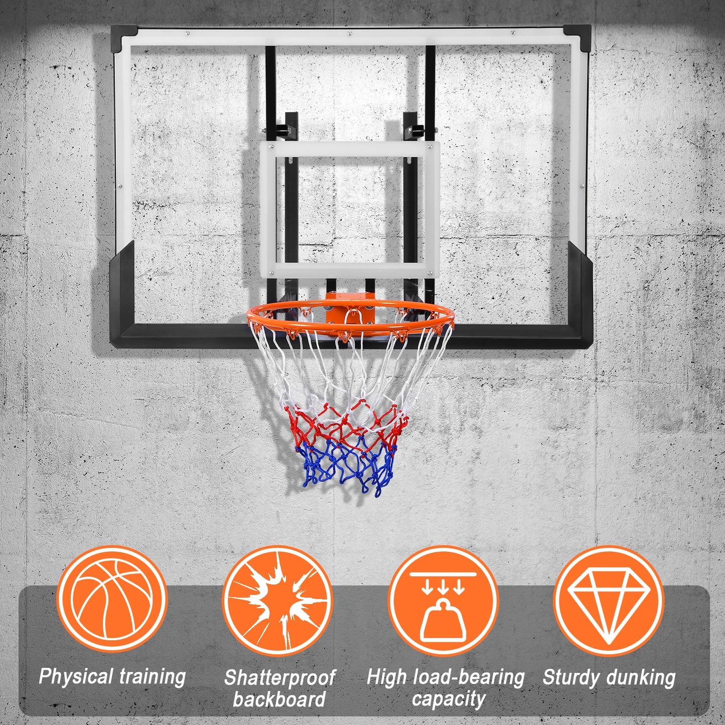 Wall Mounted Basketball Backboard & Hoop 47-Inch Basketball Goal Combo Kit for Garage Fitness Center Barn School Gym Driveway