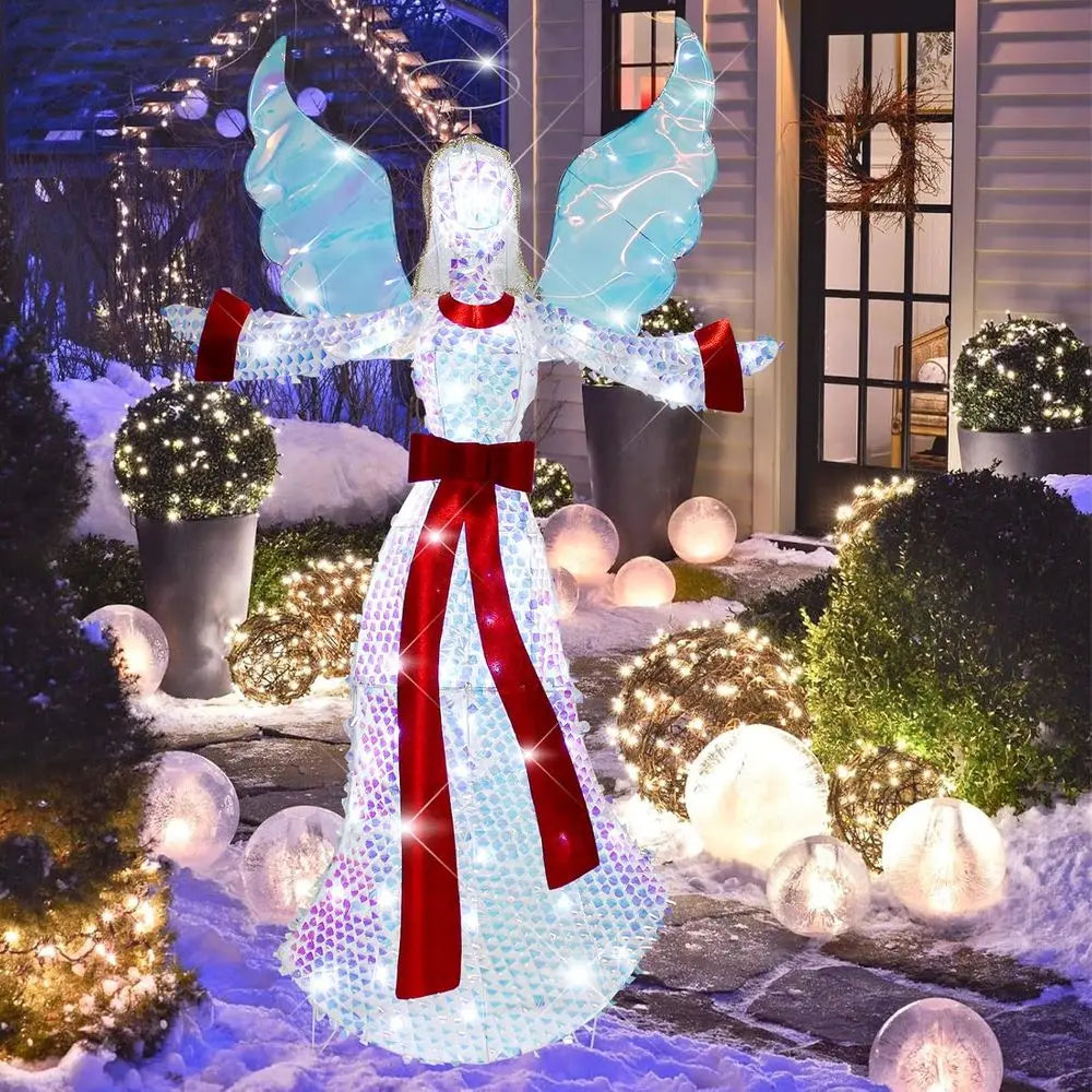 Illuminated 3 D Angel with Glitter Halo and LED Lights, 5 FT Christmas Lawn Garden Decor