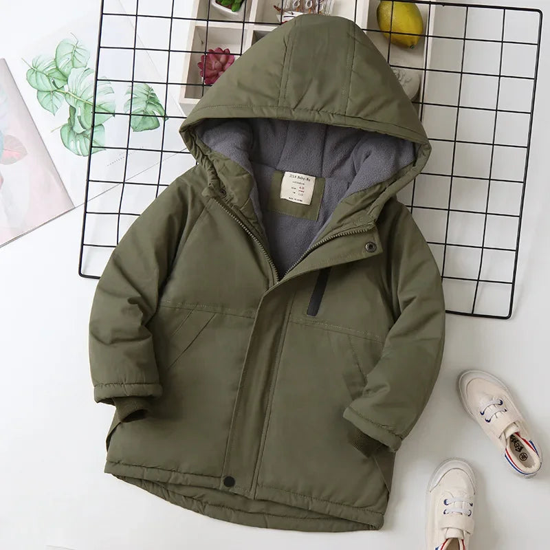 4-14 Years Boys Autumn Winter Hooded Parka Thickened Plus Velvet Warm & Cozy Outerwear Jacket