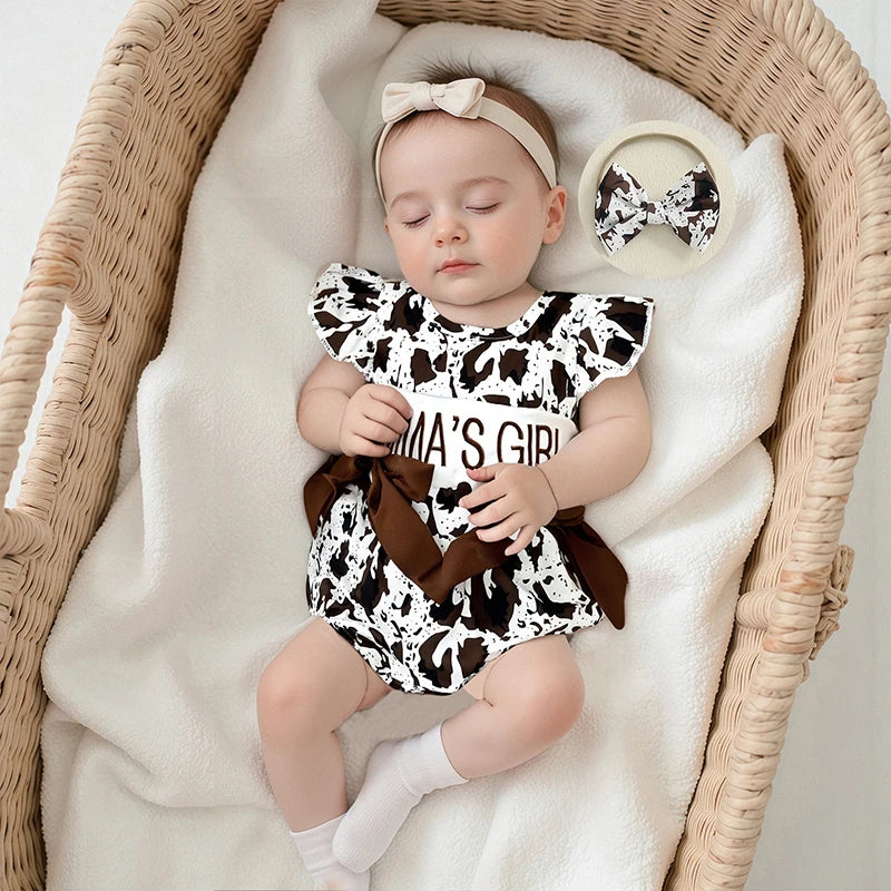 Cute Toddler Girl Mother s Day Romper with Floral Print Embroidered Letters Flutter Sleeves and Matching Bow Headband