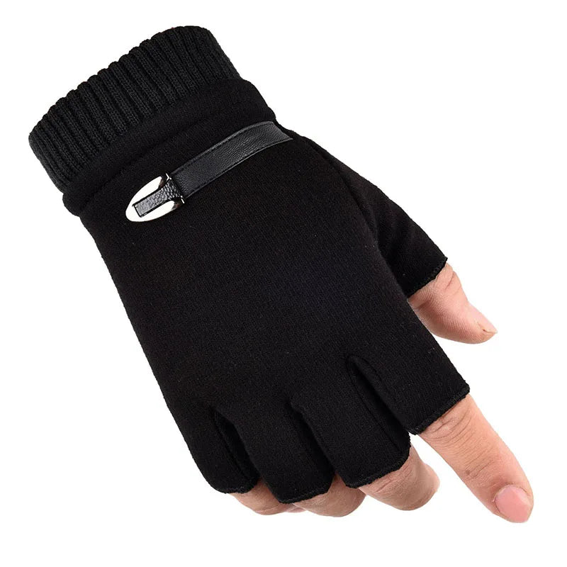 Autumn Winter Fleece Lined Half Fingers Gloves Men Male Outdoor Driving Riding Warm Fingerless Mittens Punk Hip Hop Gloves