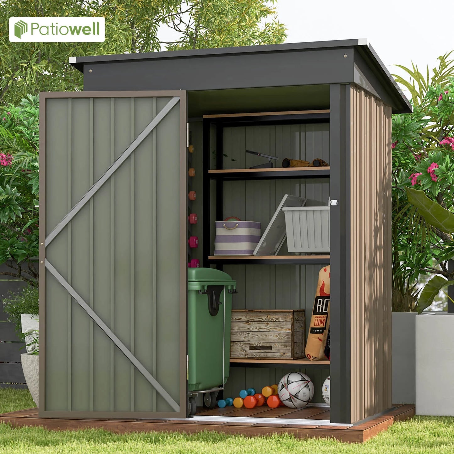 Patio well 5 x 3 FT Outdoor Storage Shed, Tool Shed with Sloping Roof and Lockable Door, Metal Shed for Backyard Garden Patio Lawn
