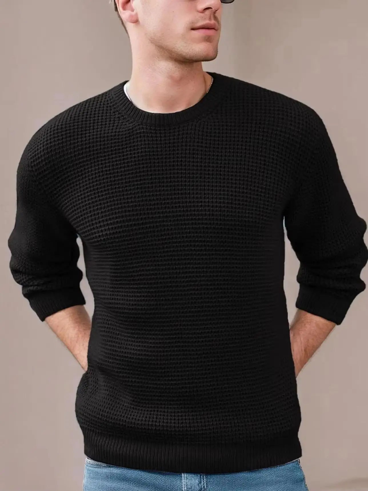 Men's Crewneck Waffle Texture Long Sleeve Knit Sweater
