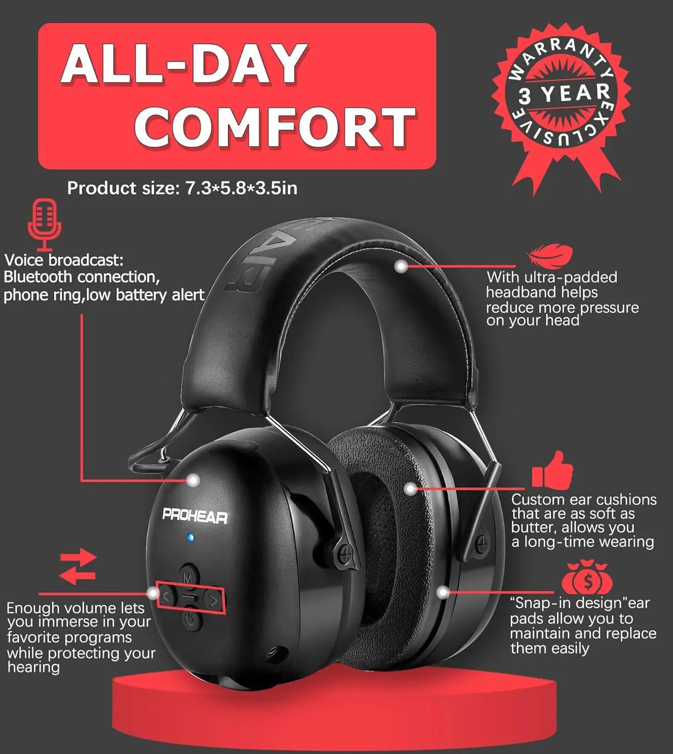 PROHEAR Bluetooth 5.3 Headphones SNR 30dB Hearing Protection Earphone Noise Reduction Safety Ear Muffs 4H Recharg 120H Playtime