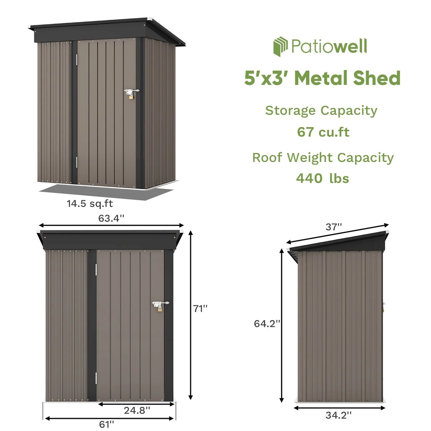 Patio well 5 x 3 FT Outdoor Storage Shed, Tool Shed with Sloping Roof and Lockable Door, Metal Shed for Backyard Garden Patio Lawn