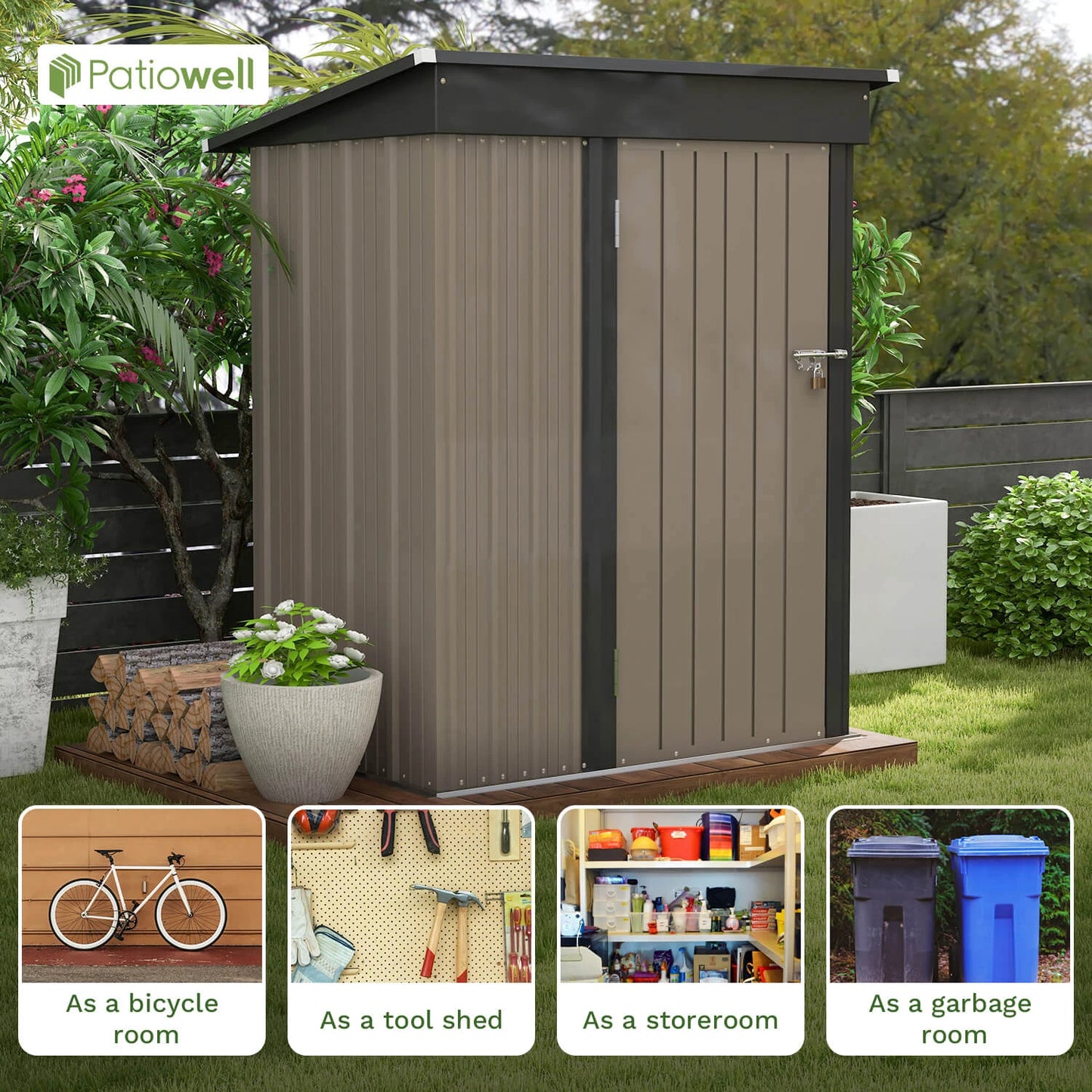 Patio well 5 x 3 FT Outdoor Storage Shed, Tool Shed with Sloping Roof and Lockable Door, Metal Shed for Backyard Garden Patio Lawn