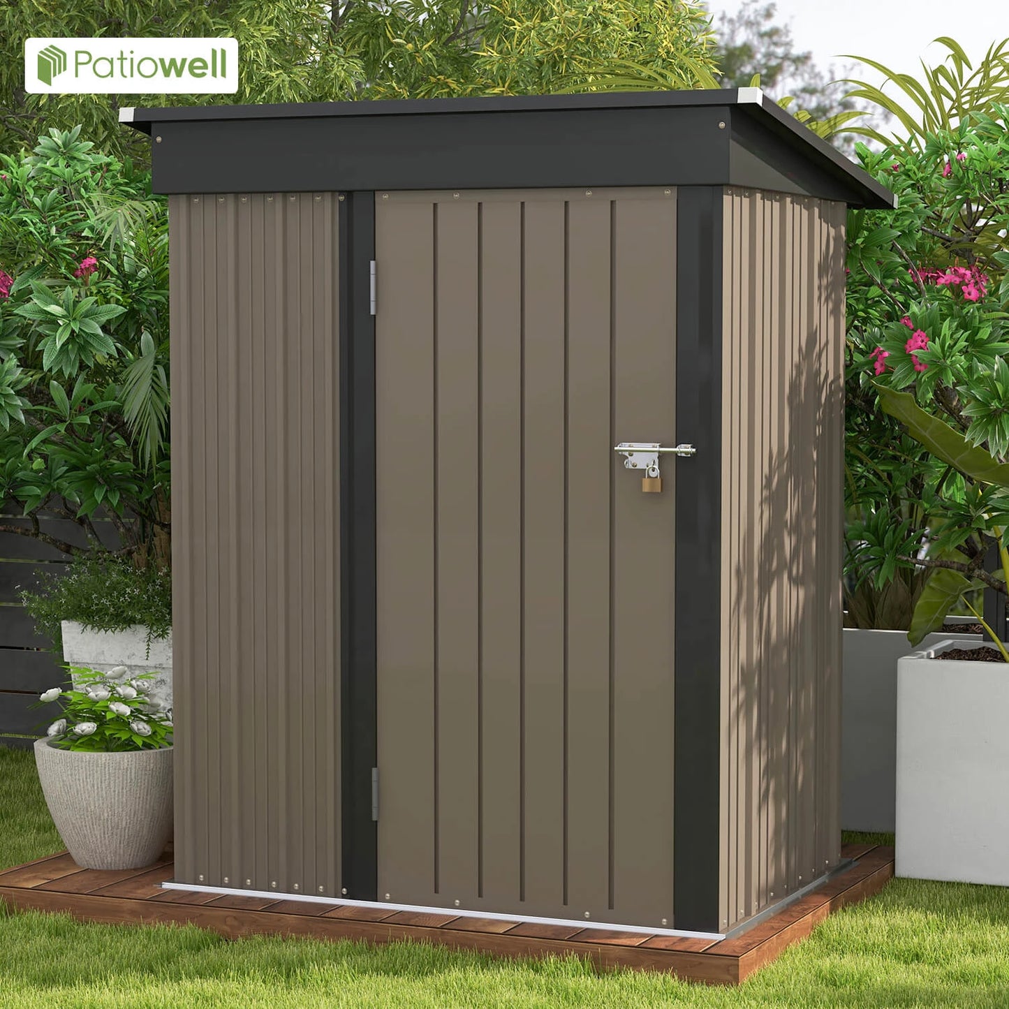 Patio well 5 x 3 FT Outdoor Storage Shed, Tool Shed with Sloping Roof and Lockable Door, Metal Shed for Backyard Garden Patio Lawn