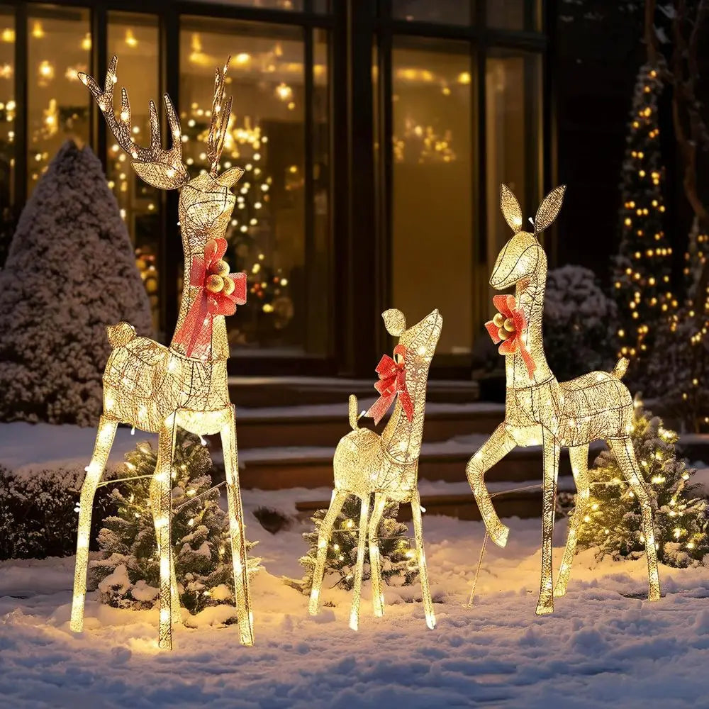 Illuminated 3 D Reindeer Family Christmas Decoration Set with 210 LED's, Outdoor Lawn Display with Stakes and Bows