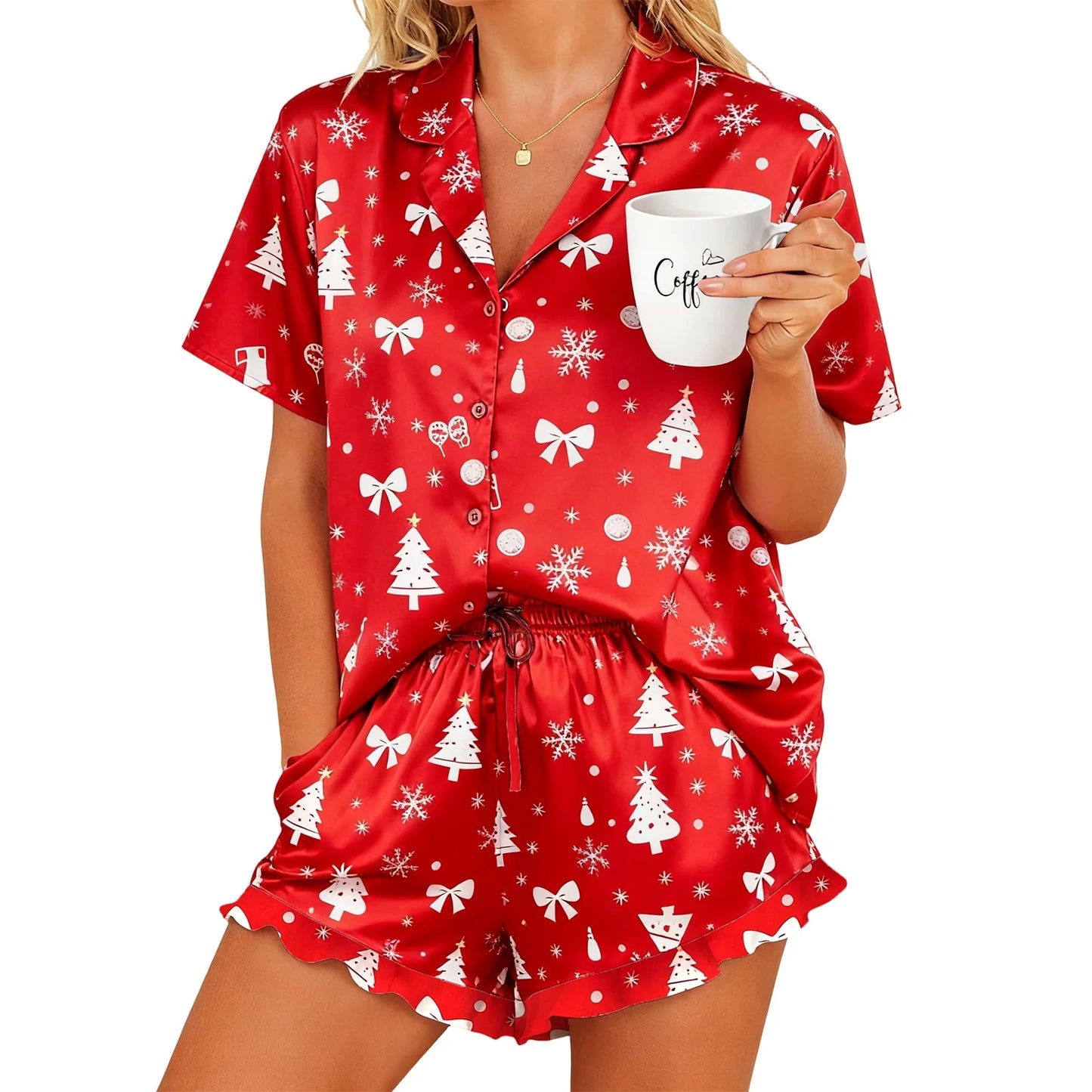 2 Piece Christmas Pajamas Sets for Women Lapel V Neck Short Sleeve Christmas Themed Print Tops and Drawstring Waist Shorts with