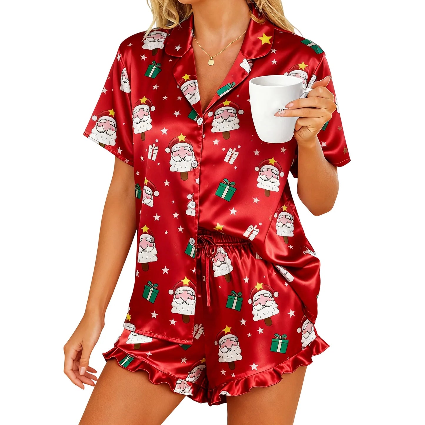 2 Piece Christmas Pajamas Sets for Women Lapel V Neck Short Sleeve Christmas Themed Print Tops and Drawstring Waist Shorts with