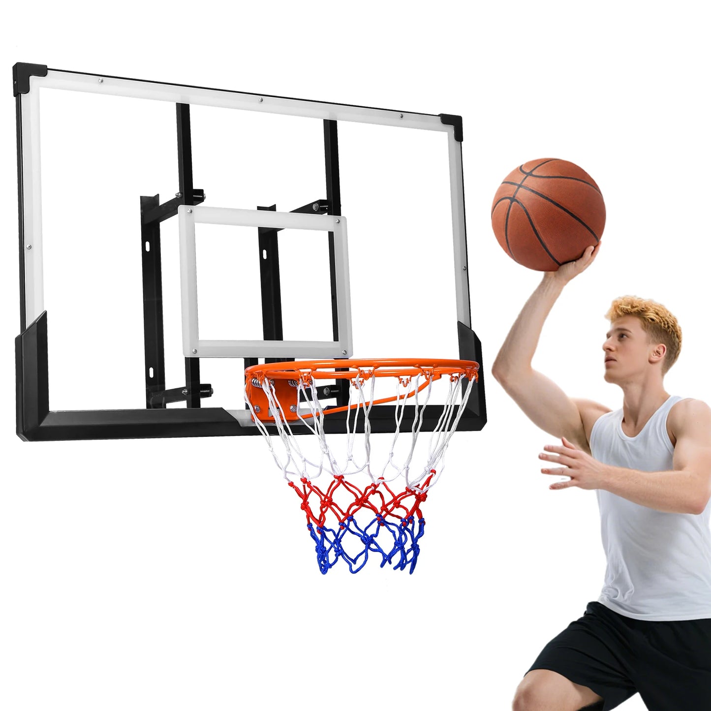 Wall Mounted Basketball Backboard & Hoop 47-Inch Basketball Goal Combo Kit for Garage Fitness Center Barn School Gym Driveway