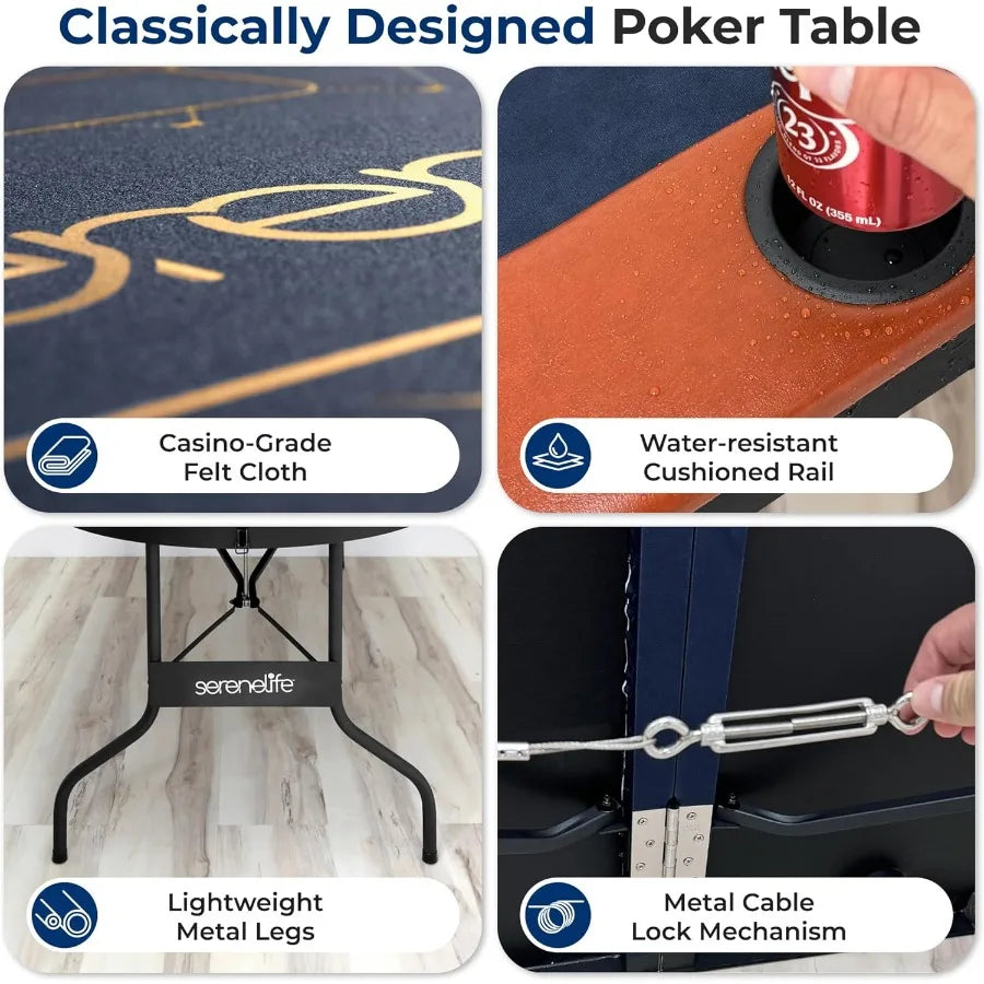8 Player Foldable Poker Table 71 inch Portable Casino Table for Texas Holdem w/Cushioned Rail Cup Holders Folding Game