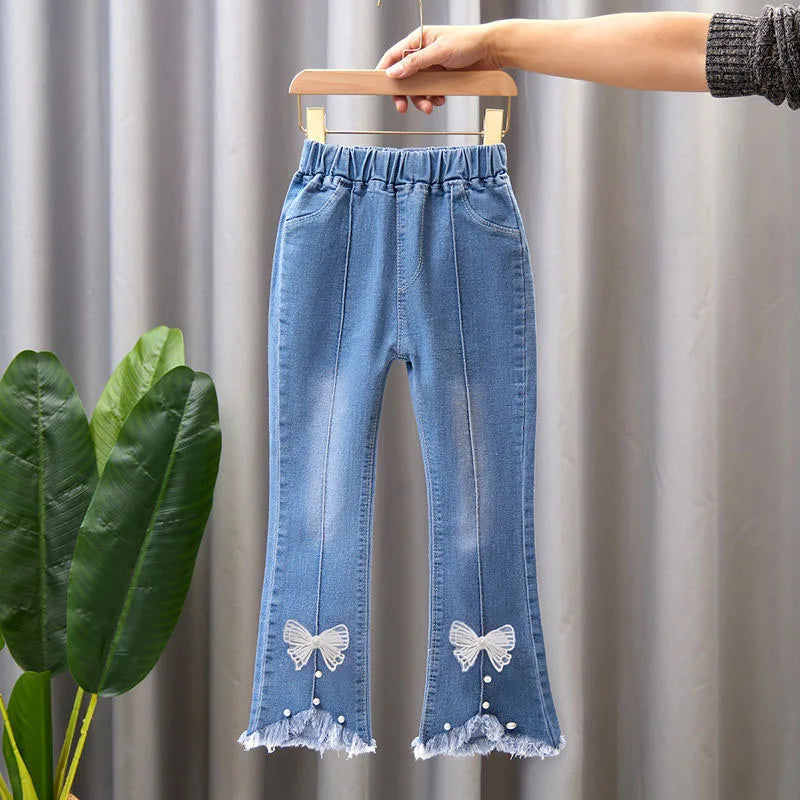 New Autumn Elastic Kids Jeans Girls Cute Leisure Bow Denim Blue Children Flared Pants teenage Girl Clothes Trousers 3 - 12 Y